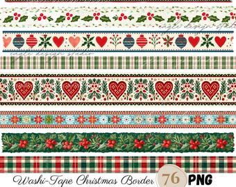 Christmas Washi Tape PNG Thin Borders, 76 Vintage Folk Art Christmas Borders, Transparent Holiday Clipart, Junk Journal Scrapbook Strips