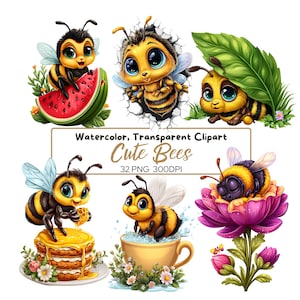 32 png-aquarel aquarel schattige bijen clipart | Hommelillustraties | Honingbijen, thee, pannenkoeken, tuinbloem | Bijen in cartoonstijl, verjaardagsbij
