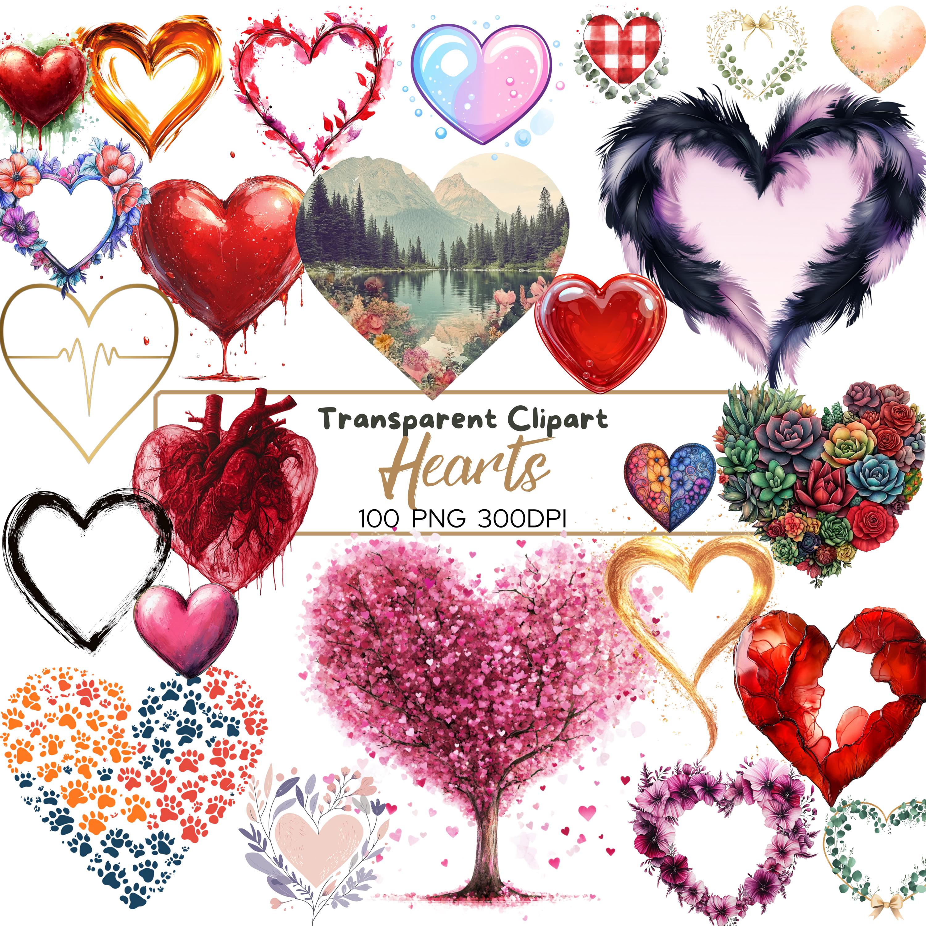 100 PNG Hearts - Different Hearts Love Inspired clip arts (300 dpi, commercial use, digital transparent) Hearts Watercolor, Valentine's Day
