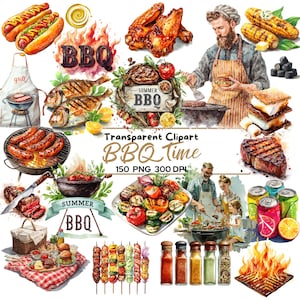 Op de afbeelding: Waterverfillustratie met BBQ-thema. Bevat hotdogs, gegrilde kippenvleugels, steaks, maïskolven en gegrilde groenten. De woorden "BBQ Time" en "Summer BBQ" zijn ook zichtbaar.