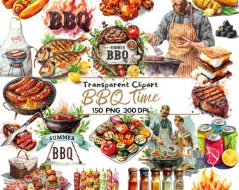 Paquete de 150 imágenes prediseñadas PNG de barbacoa, barbacoa de verano, imágenes prediseñadas de comida a la parrilla, elementos para fiestas de barbacoa, conjunto de ilustraciones de carne a la parrilla, bistec, costillas y perritos calientes.