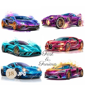 38 JPG Fast and Furious Cars, Fast Cars Clipart Bundle, Steampunk Racing Car Sublimation, Car Art, Luxury Auto Clip Art, Printable Vehicles
