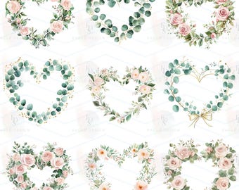 52 PNG HEART Floral Watercolor Clipart Bundle, Valentines Hearts, Floral Heart Frame, Love Clipart, Eucalyptus Heart Frame, Wild Flower