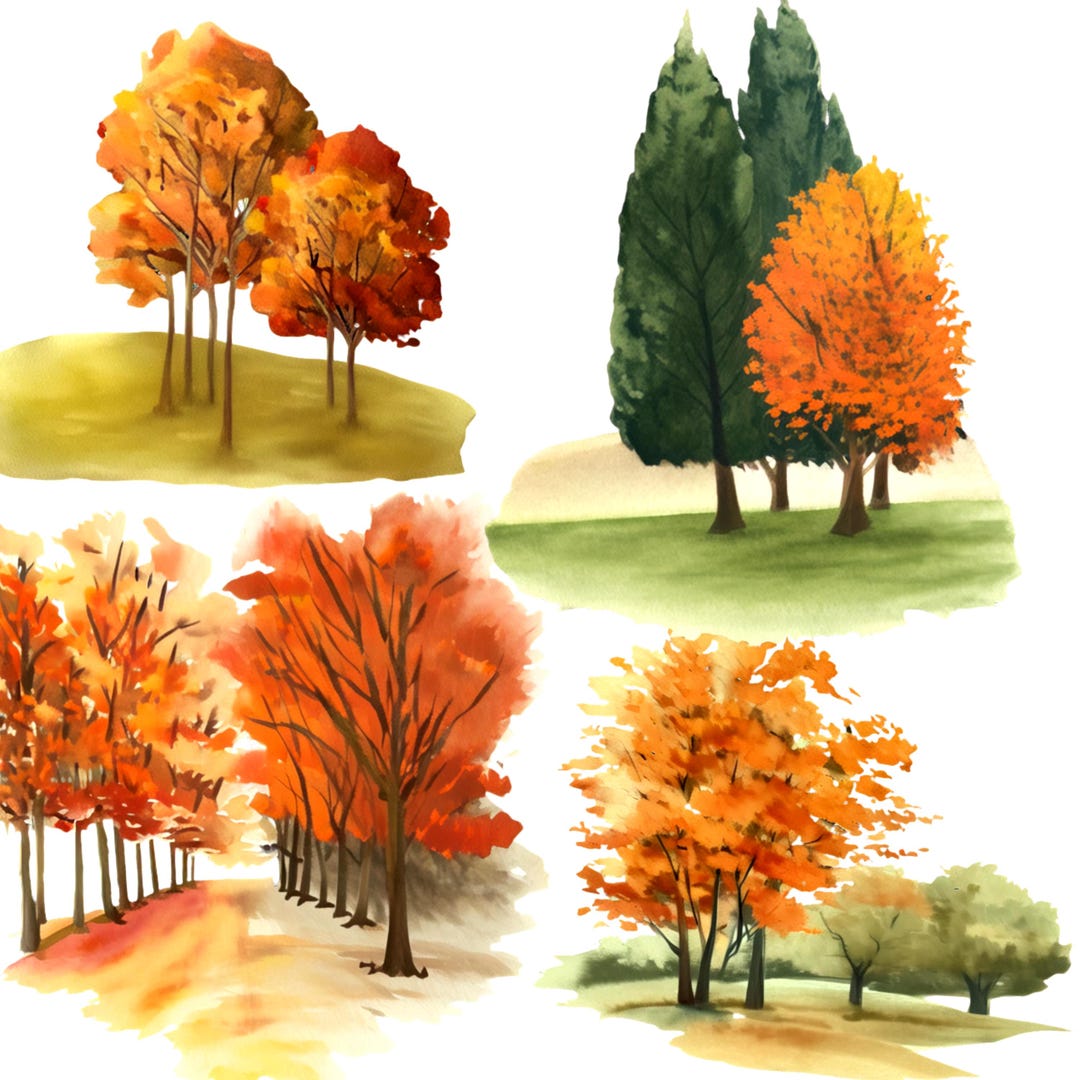 30 PNG Autumn Forest Trees Watercolor Clipart, Fall Tree Graphics ...