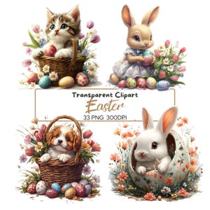 33 PNG Cute EASTER clipart – Spring Floral Bunny Chicken, Bunny, Cow with Transparent Background for Cards, Invitations Crafts, Easter png