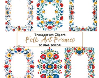 Paquete de 30 imágenes prediseñadas PNG de marcos de arte popular polaco, bordes florales escandinavos, marcos florales folclóricos, imágenes prediseñadas de patrones folclóricos coloridos