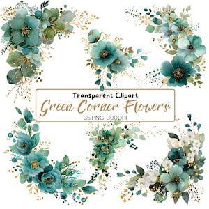 May include: Watercolor floral corner clipart featuring teal and green flowers with gold accents. The image includes text that reads "Transparent Clipart Green Corner Flowers 35 PNG 300DPI".