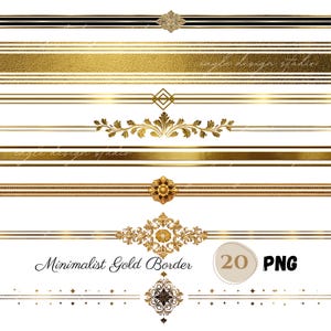 20 Goldrand Clipart PNG | Minimalistische Trennblätter | Elegante Goldlinie Bordüren | Digitale Vintage Ornamente | Hochzeit Scrapbook Design Divider