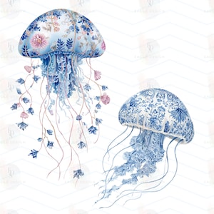 May include: Two watercolor jellyfish illustrations. The left jellyfish features a light blue bell with pink and blue floral patterns and long, thin, trailing tentacles adorned with small blue and pink flowers. The right jellyfish has a white bell with intricate blue floral patterns and long, flowing, light blue tentacles.