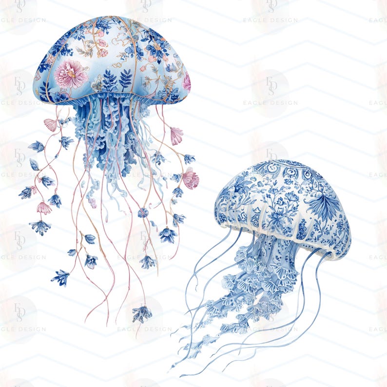 May include: Two watercolor jellyfish illustrations. The left jellyfish features a light blue bell with pink and blue floral patterns and long, thin, trailing tentacles adorned with small blue and pink flowers. The right jellyfish has a white bell with intricate blue floral patterns and long, flowing, light blue tentacles.