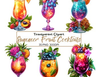 Op de afbeelding: Een digitale illustratie van zes kleurrijke zomerfruitcocktails in elegante glazen, gegarneerd met vers fruit en groen. De afbeelding bevat tekst die luidt: "Transparent Clipart Summer Fruit Cocktails 35 PNG 300DPI."