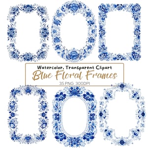 May include: A collection of six blue floral frames in various shapes, including oval and rectangular designs. The frames are adorned with detailed watercolor flowers and foliage. The text "Watercolor, Transparent Clipart Blue Floral Frames" is displayed below the frames.