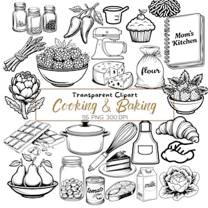 May include: Black and white line art illustrations of cooking and baking items. Includes a stand mixer, cupcake, cheese, strawberries, chocolate, pears, a pot, whisk, and a cookbook titled "Mom's Kitchen". The text "Cooking & Baking" is also present.