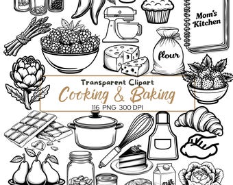 Paquete de 116 imágenes PNG de cocina y repostería, imágenes prediseñadas de iconos de cocina, arte lineal de utensilios de repostería, dibujo lineal de alimentos, archivos para Cricut, conjunto de cocina minimalista
