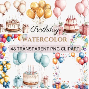 GEBURTSTAG 47 PNG Aquarell - ClipArts, Luftballons, Kuchen, Kerze, blau, rosa, 300 dpi, kommerzielle Nutzung, bündeln, digital transparent, Aquarell