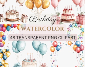 BIRTHDAY 48 PNG Watercolor - clip arts, balloons, cake, candle, blue, pink, 300 dpi, commercial use, bundle, digital transparent, watercolor