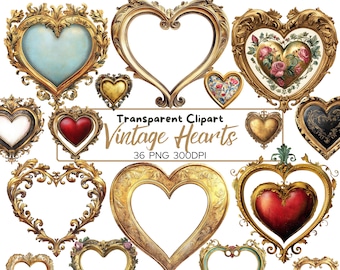 36 PNG Vintage HEARTS clip arts, 300 dpi, commercial use, bundle, digital, Golden Frame, Heart Frame, Vintage Frame Heart