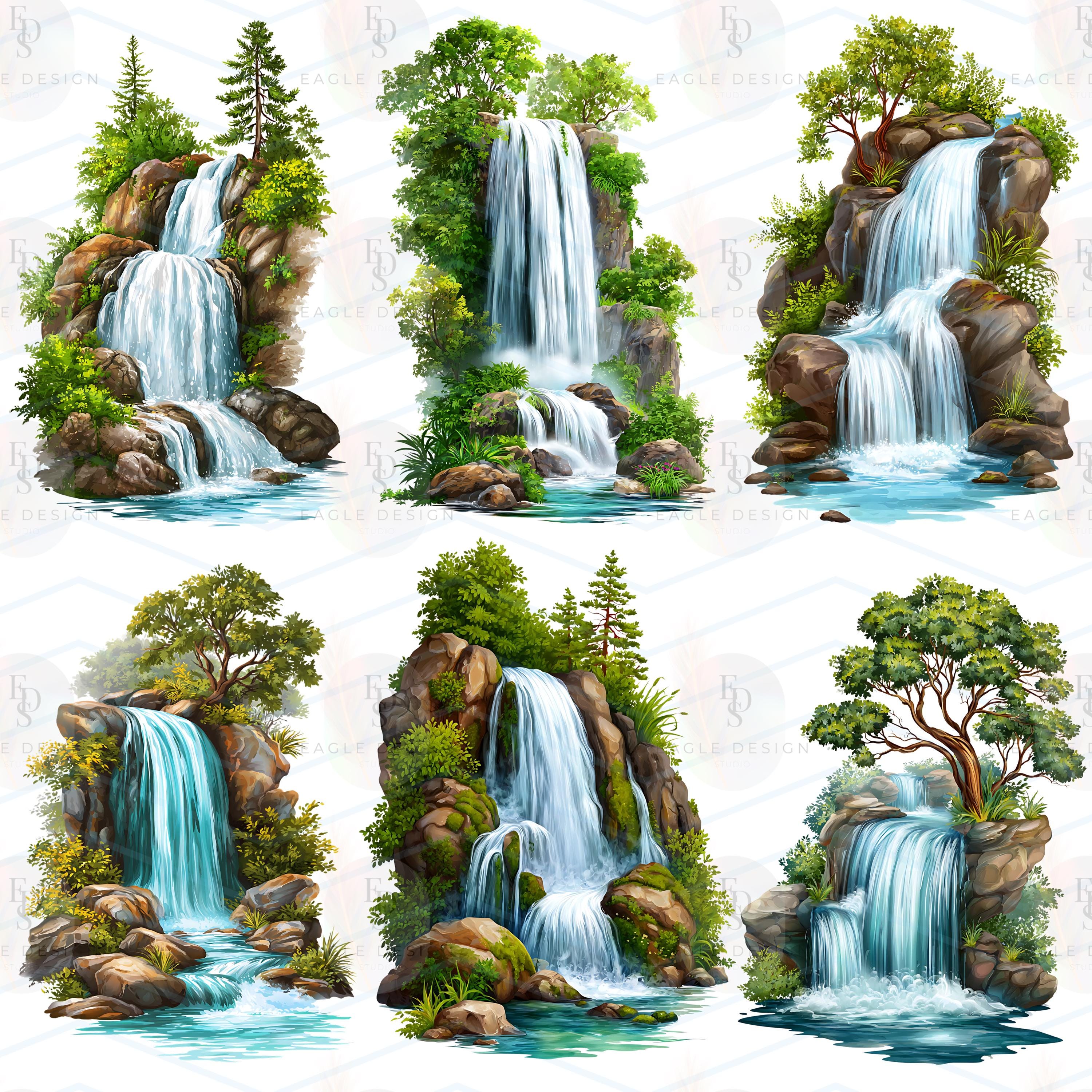 滝のクリップアート：自然風景のPNGイラスト（デジタルダウンロード