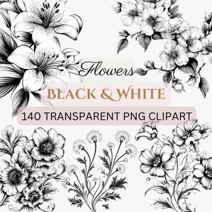 140 PNG CLIPART BLUMEN schwarz weiß (kommerzielle Nutzung, Bundle, digital transparent, floral, Hochzeitselemente) monochrom, Tattoo style