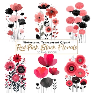 Red & Pink Watercolor Floral Clipart: Modern Flower PNG (Digital Download)