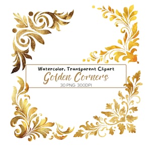 Puede incluir: Cuatro diseños de esquinas doradas con intrincados patrones florales y de hojas. La imagen incluye el texto "Watercolor, Transparent Clipart Golden Corners 30 PNG 300DPI". Las esquinas son en tonos dorados y marrones.