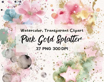 Pink Gold Splatter Watercolor Clipart Bundle, Transparent PNG Splash Elements, Abstract Watercolor Backgrounds, Commercial Use, 37 PNG