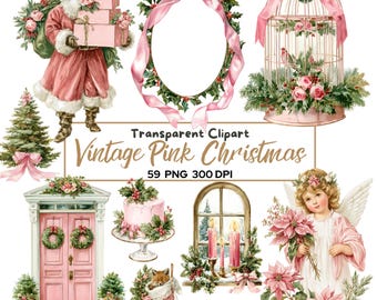Vintage Pink Christmas Clipart Bundle | 59 Watercolor PNG | Grandmillennial Christmas | Shabby Chic Holiday PNG | Commercial Use