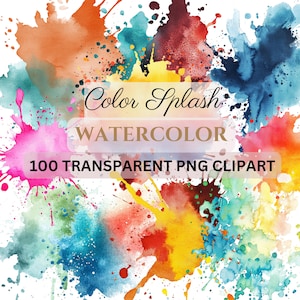 100 PNG WATERCOLOR SPLASH - Różne odcienie - clip art (300 dpi, do użytku komercyjnego, pakiet, cyfrowy przezroczysty, akwarela) Ślad koloru