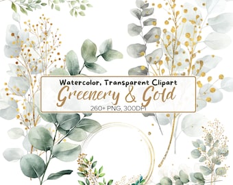 260+ PNG Greenery Clipart - Botanical Clipart - Wedding elements, golden foliage, Green and Gold clip art, Watercolor Eucalyptus - Wreath