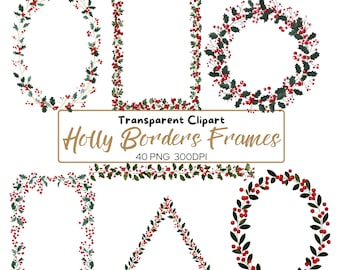May include: A collection of transparent clipart holly border frames in various shapes, including oval, rectangular, and circular designs. The frames are adorned with green leaves and red berries. The text "Transparent Clipart Holly Borders Frames" is displayed.