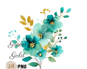Mint Green & Gold Floral Clip Art: 28 PNG Wedding Elements (Digital Download
