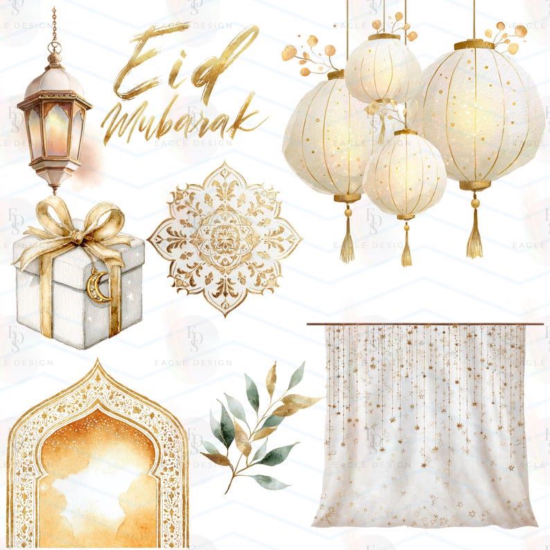 Puede incluir: Ilustraciones en acuarela con elementos dorados y blancos. Incluye una linterna colgante, una caja de regalo con una luna creciente, un mandala decorativo, linternas colgantes, un arco decorativo y una cortina con detalles de estrellas. El texto "Eid Mubarak" est&aacute; en oro.