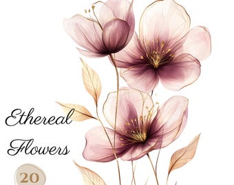 20 Abstract Ethereal Flowers Clipart Bundle, Floral clipart, Alcohol ink Flowers, High Quality, Instant Download, Printable Clipart Crafts
