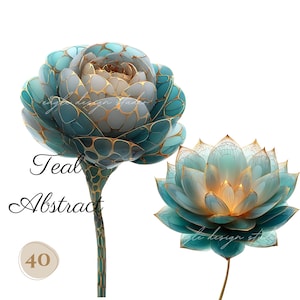 40 PNG TEAL i Bronze Abstract FLOWERS clip arts (300 dpi, do użytku komercyjnego, pakiet, cyfrowy, akwarela, tusz alkoholowy) złoty kontur, kwiatowy