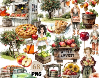 Puede incluir: Ilustración en acuarela con temática de cosecha de manzanas. Incluye una tarta, un puesto de manzanas, personas y un camión vintage. La imagen tiene una estética rústica con un letrero de madera que dice "APPLE HARVEST".