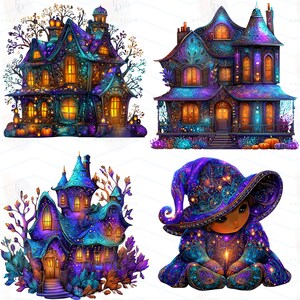 Op de afbeelding: Een verzameling digitale illustraties met grillige, kleurrijke huizen en een pop met een heksenhoed. De huizen zijn in tinten blauw, paars en oranje, met ingewikkelde details. De pop draagt een grote, sierlijke hoed en jurk.