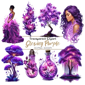 May include: A collection of digital art elements in shades of purple, including a woman in a gown, stylized flowers, trees, mushrooms, and potion bottles. The text "Transparent Clipart Glowing Purple" is also visible.