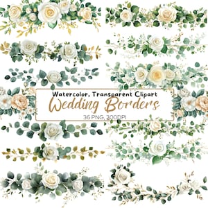 36 PNG Greenery BORDÜRE, Clipart, transparente Hochzeit Clip Art, Zweige, weiße Rosen, Eukalyptus, Sublimation, Laub, grüne Girlande Grenze