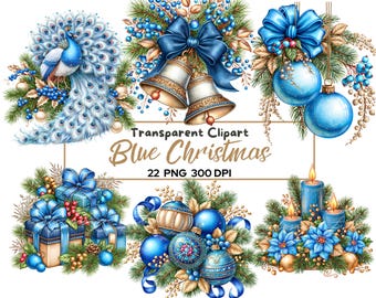 Blue Christmas Clipart Bundle, Blue and Gold Christmas PNG, Poinsettia Ornament Wreath Clip Art, Elegant Holiday Sublimation