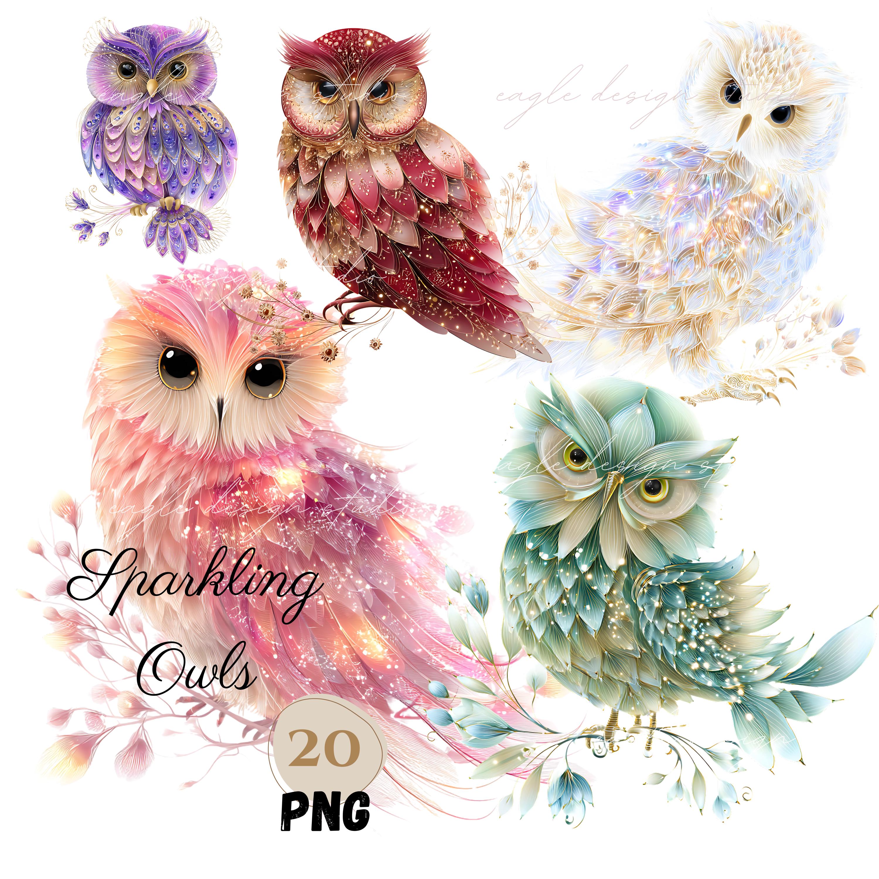Sparkling Owl Clipart PNG Bundle | Fantasy Owl Illustrations | Glitter Owls for Sublimation, Invitat
