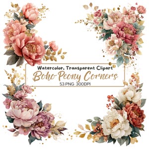 Może przedstawiać: Klip art akwarelowy z czterema narożnymi kompozycjami piwonii w odcieniach różu, brzoskwini i bordo, ze złotymi akcentami i liśćmi. Tekst brzmi "Watercolor, Transparent Clipart Boho Peony Corners 53 PNG 300DPI."