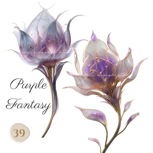 39 PNG lila Fantasy BLUMEN ClipArts abstrakt (300 dpi, kommerzielle Nutzung, Bundle, digital, Aquarell, Alkoholtinte) ) goldener Umriss, Floral