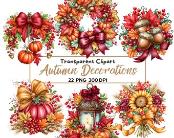 Autumn Clipart Bundle, Fall Pumpkin PNG, Watercolor Autumn Decorations Leaves & Flowers, Harvest, Fall Floral Sublimation, Thanksgiving PNG