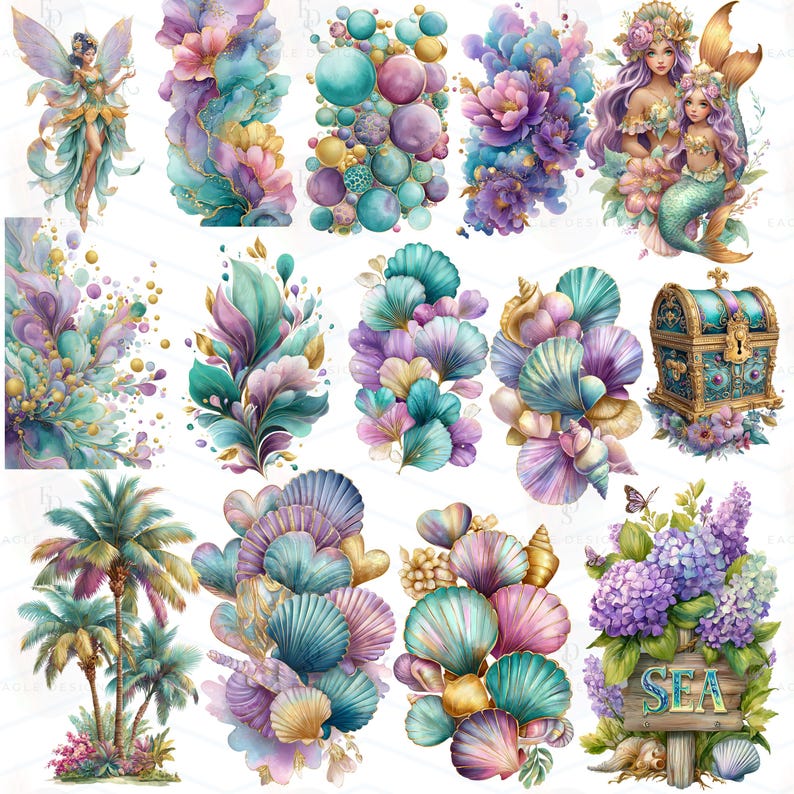 May include: A collection of watercolor illustrations featuring mermaids, seashells, flowers, and a fairy. The color palette includes shades of teal, purple, gold, and pink. The images are suitable for various craft projects.