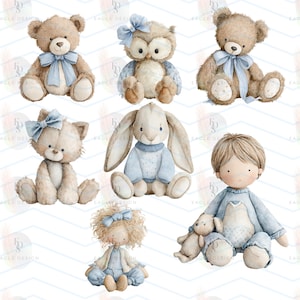 May include: A collection of watercolor illustrations featuring plush toys and dolls. The toys include teddy bears, an owl, a cat, a bunny, and a doll, all in soft, muted colors with blue accents. The illustrations have a whimsical, gentle aesthetic.