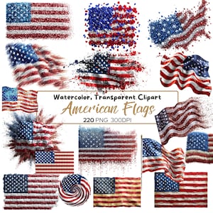 220 PNG us 4th of July Clipart Bundle | Patriotic USA Holiday | Independence Day Illustration, American Flags Clipart, Watercolor, Glitter