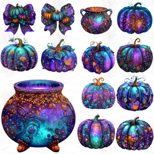 Op de afbeelding: Een verzameling digitaal gerenderde pompoenen en decoratieve elementen in tinten van teal, paars en oranje. De ontwerpen omvatten pompoenen, strikken en een ketel, allemaal met een hemelse of galaxy-achtige esthetiek. Het kunstwerk is gedetailleerd en grillig.