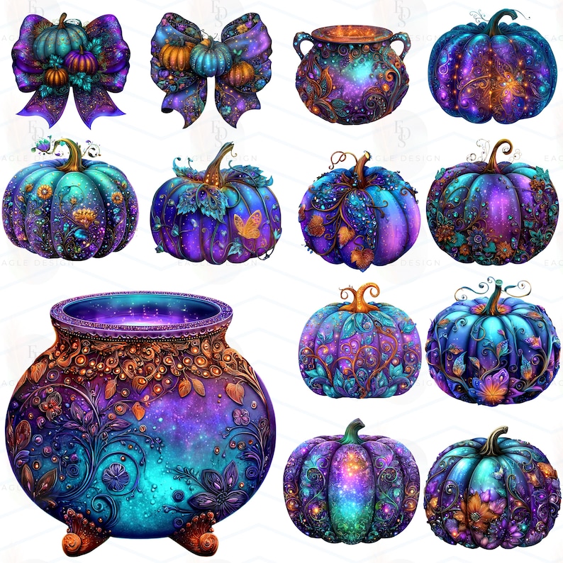 Op de afbeelding: Een verzameling digitaal gerenderde pompoenen en decoratieve elementen in tinten van teal, paars en oranje. De ontwerpen omvatten pompoenen, strikken en een ketel, allemaal met een hemelse of galaxy-achtige esthetiek. Het kunstwerk is gedetailleerd en grillig.