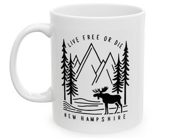 New Hampshire - Live Free or Die Mug, Moose Decor, State Motto Art, Nature Illustration Gift, Freedom and Liberty Coffee Cup, Moose Gift Mug