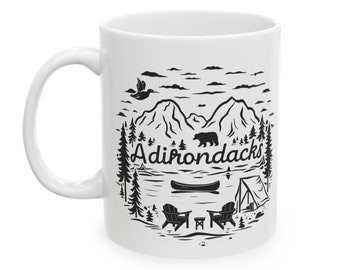 Adirondacks Park Mug, Black and White Illustration with, Bear, Loon, Canoe, Perfect Nature Lovers, Adirondack Mountains Cup, ADK Life Mug